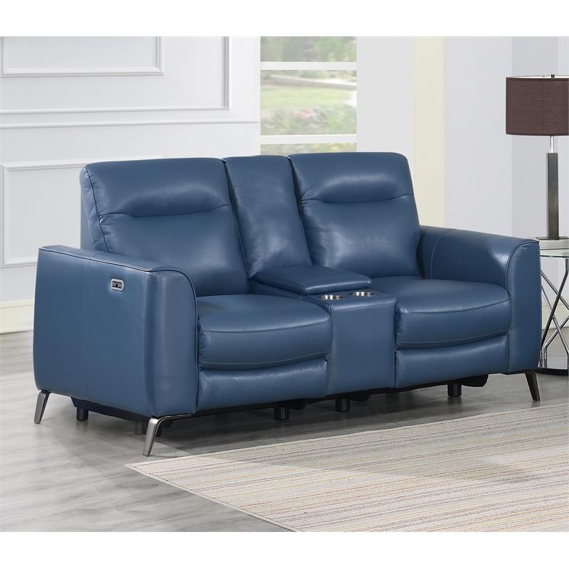 Bowery Hill Ocean Blue Top Grain Leather Power Reclining Console Loveseat