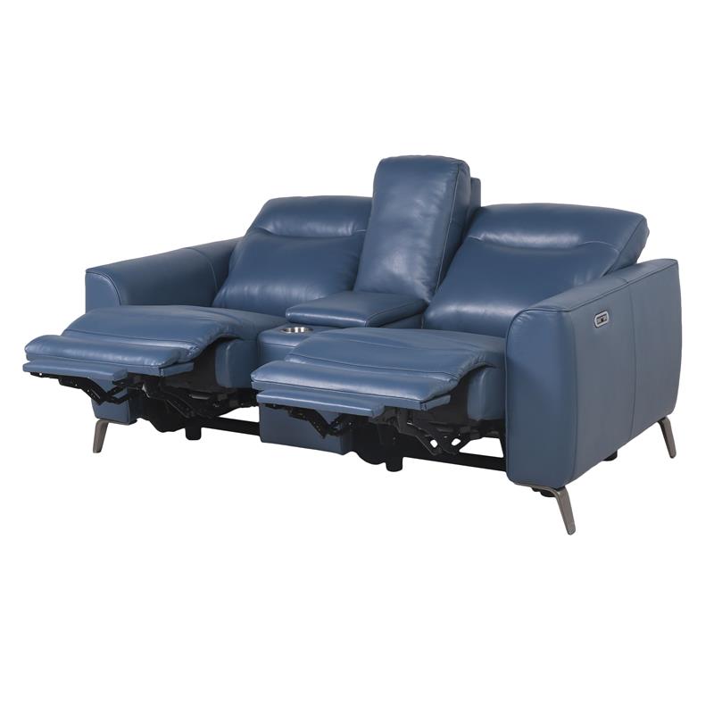 Bowery Hill Ocean Blue Top Grain Leather Power Reclining Console Loveseat