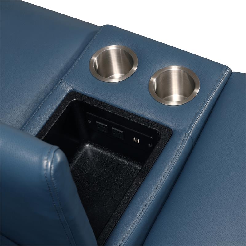 Bowery Hill Ocean Blue Top Grain Leather Power Reclining Console Loveseat