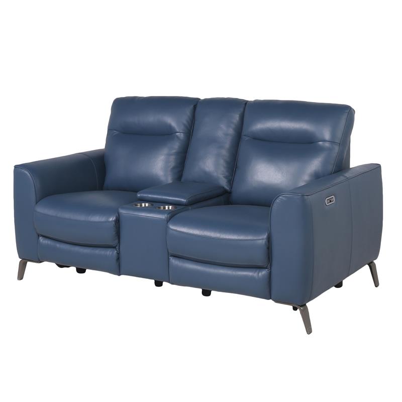 Bowery Hill Ocean Blue Top Grain Leather Power Reclining Console Loveseat