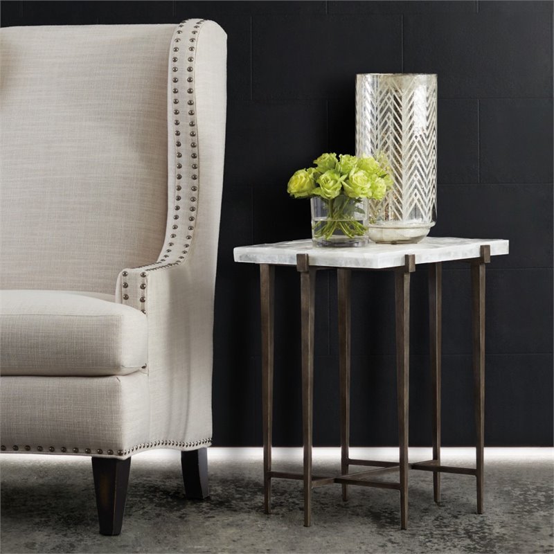 Bowery Hill Contemporary Stone Top Accent Table in White / Cream / Beige