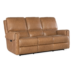 Bowery Hill Contemporary Power Leather Sofa with Power Headrest in Brown