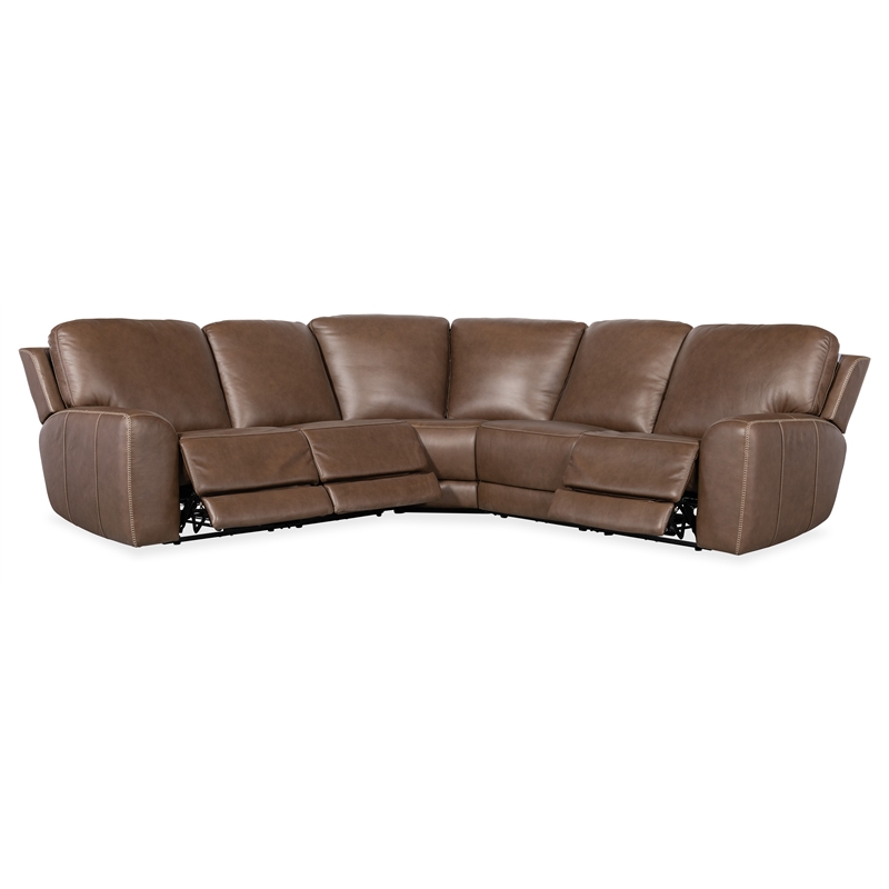 Bowery Hill 5-Piece Leather Sectional with Power Headrests in Brown