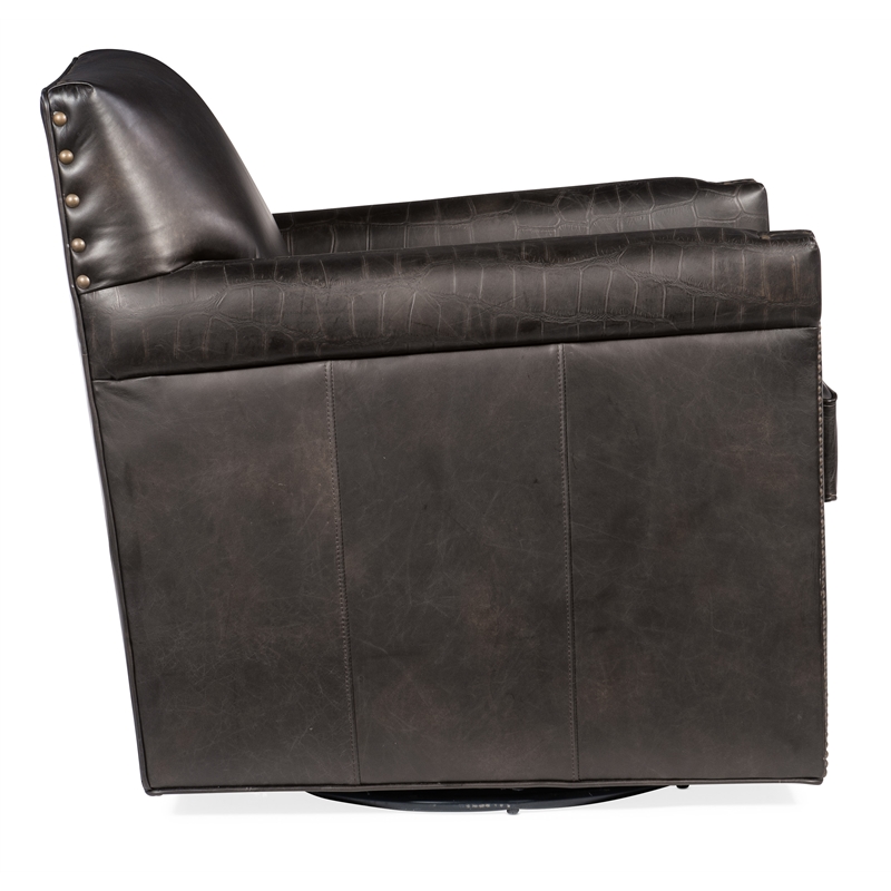 Bowery Hill Swivel Club Chair in Dark Brown Leather with Nailheads
