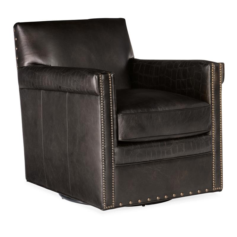 Bowery Hill Swivel Club Chair in Dark Brown Leather with Nailheads