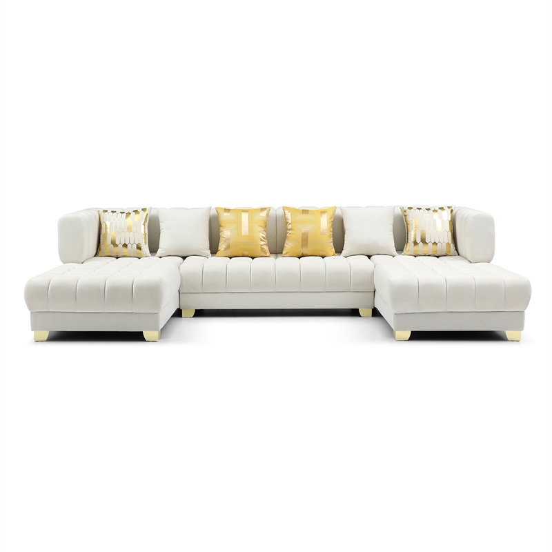 Bowery Hill Modern / Contemporary U-Shaped Velvet Sectional Sofa in Cream