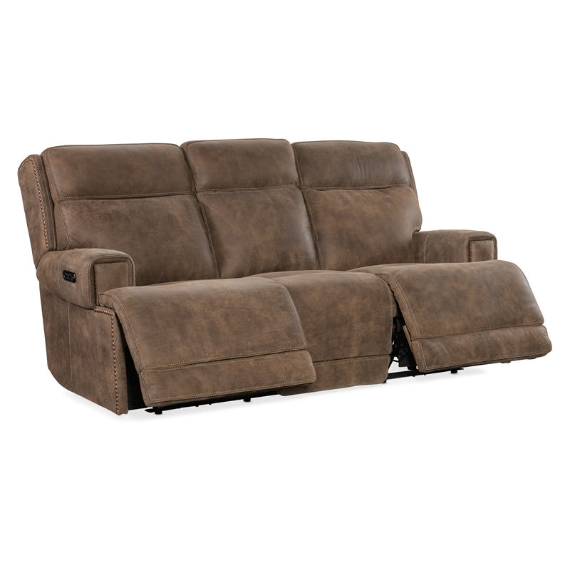 Bowery Hill Contemporary Leather Power Sofa with Power Headrest in Brown