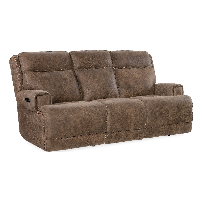 Bowery Hill Contemporary Leather Power Sofa with Power Headrest in Brown