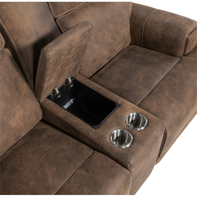 Bowery Hill Leather Power Loveseat with Power Headrest in Brown