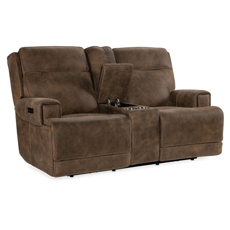 Bowery Hill Leather Power Loveseat with Power Headrest in Brown