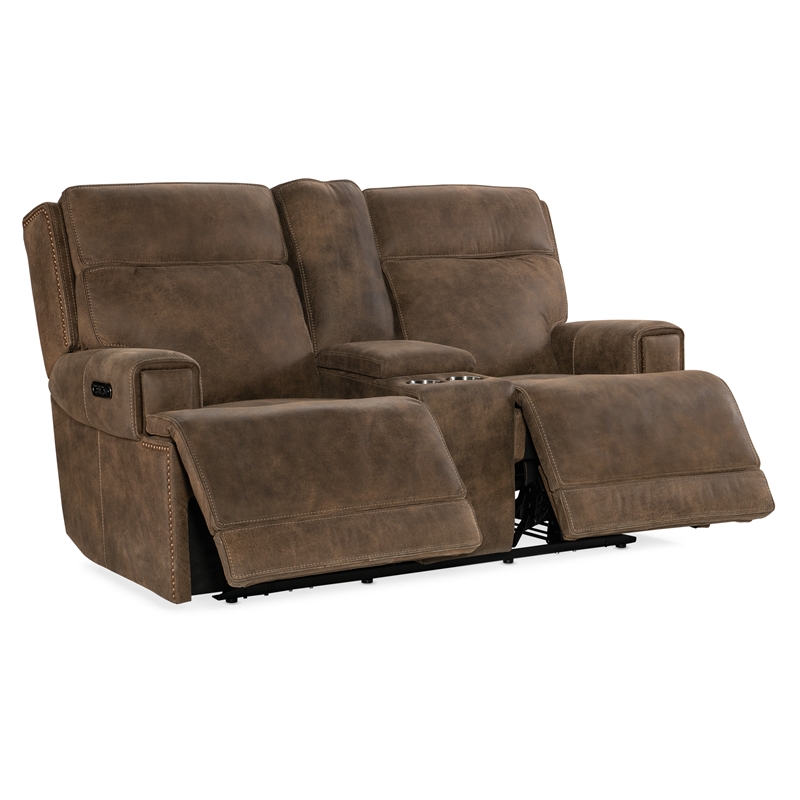 Bowery Hill Leather Power Loveseat with Power Headrest in Brown