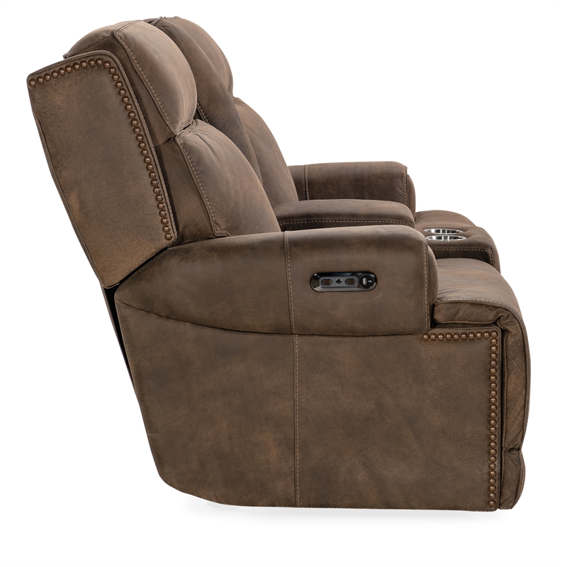 Bowery Hill Leather Power Loveseat with Power Headrest in Brown