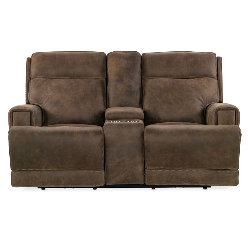 Bowery Hill Leather Power Loveseat with Power Headrest in Brown