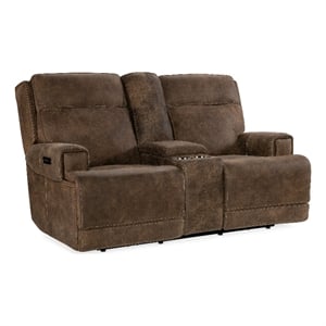 Bowery Hill Leather Power Loveseat with Power Headrest in Brown