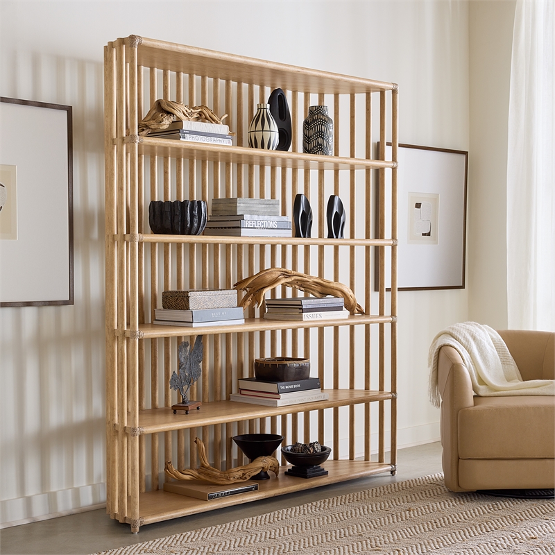 Bowery Hill Modern / Contemporary Slatted Wood Framed Bookcase in Beige