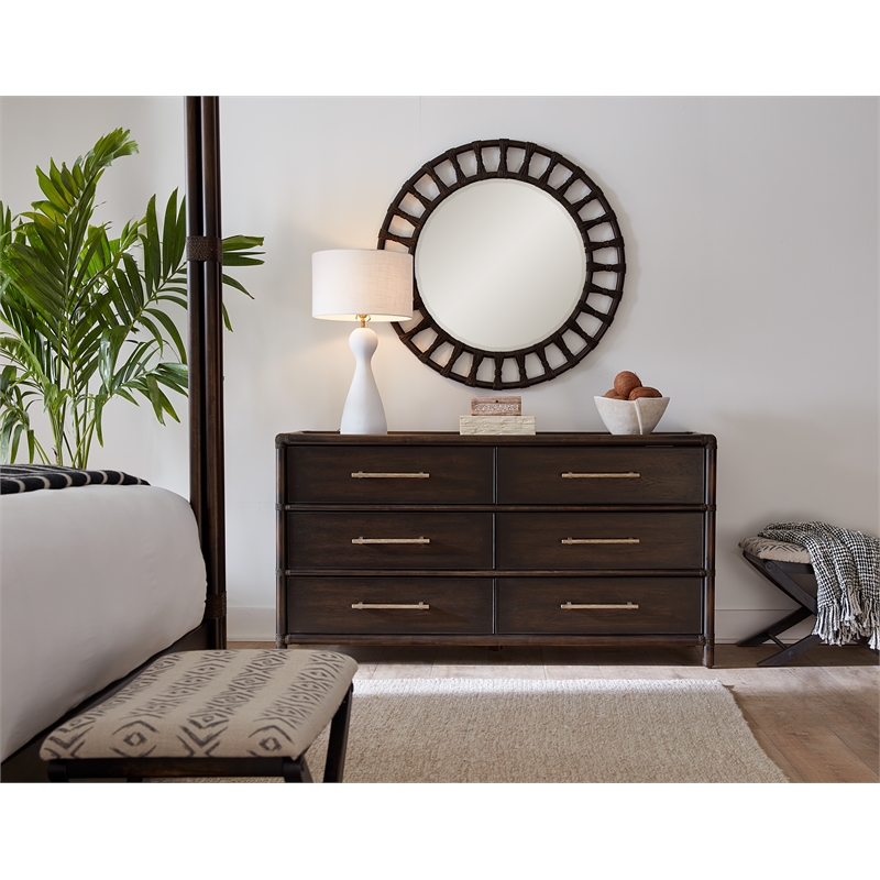 Bowery Hill Contemporary Wood Rattan Accent Mirror in Black Sand Finish