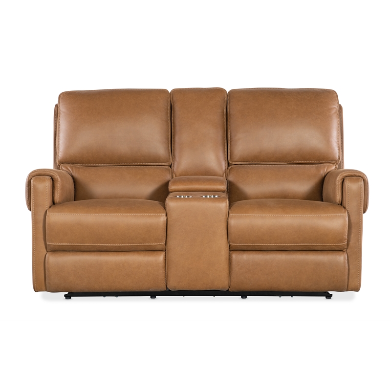 Bowery Hill Power Transitional Leather Console Loveseat in Brown
