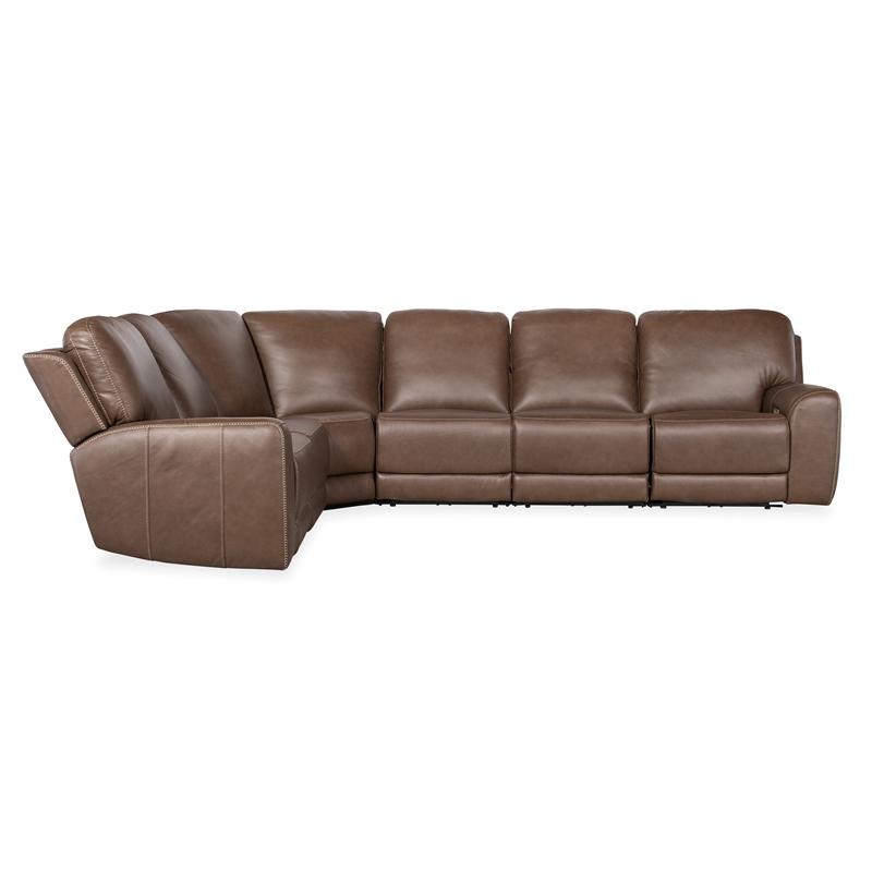 Bowery Hill 6-Piece Leather Sectional with Power Headrests in Brown