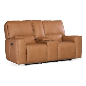 Bowery Hill Zero Gravity Leather Power Console Loveseat in Brown