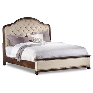 Bowery Hill King Fabric Upholstered Button Tufted Bed with Brown Rails