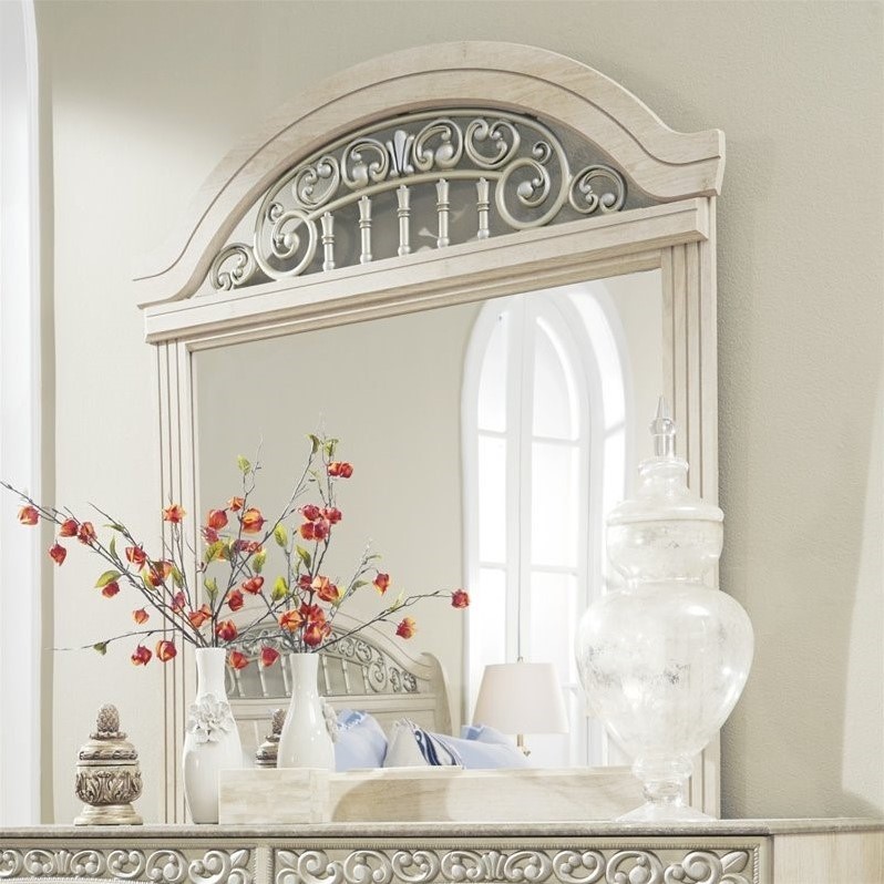 Bowery Hill Bedroom Mirror w/Scrolling Metal Insert Antique White