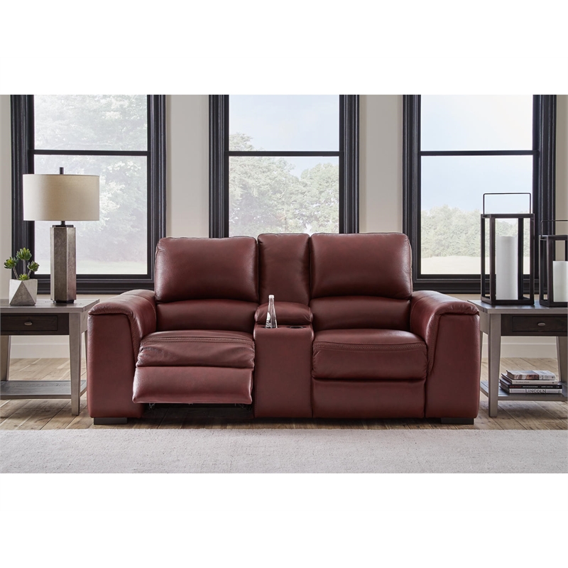 Bowery Hill Contemporary Leather Power Reclining Loveseat in Red