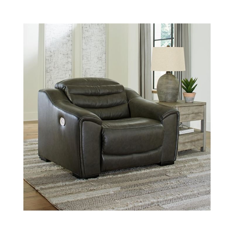 Bowery Hill Modern Leather Power Recliner with Headrest in Gray