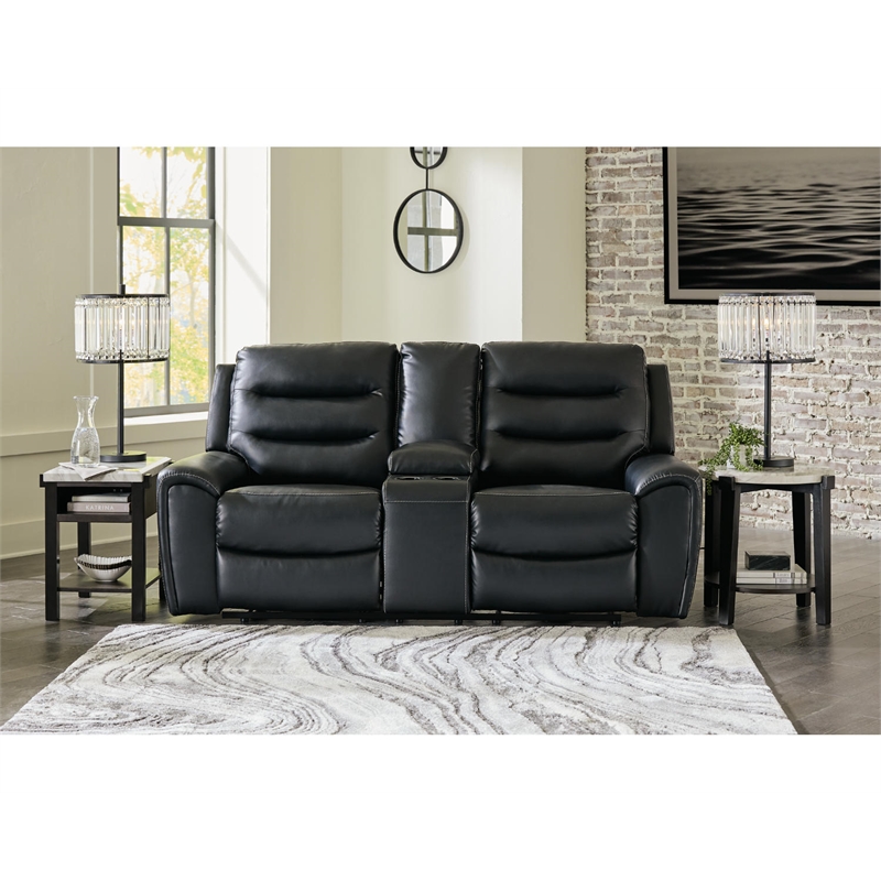 Bowery Hill Modern Faux Leather Power Reclining Loveseat in Black