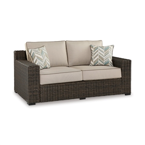 Bowery Hill Coastal Wicker / Rattan Brown Outdoor Loveseat with Cushion