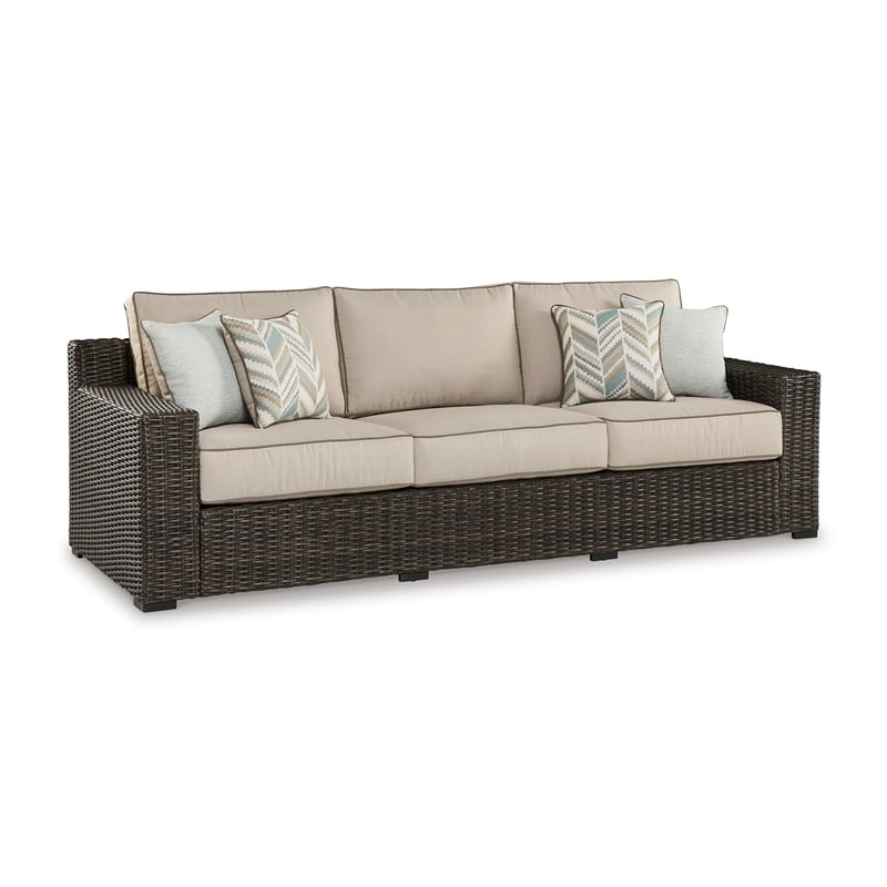 Bowery Hill Coastal Wicker / Rattan Brown Outdoor Sofa with Cushion
