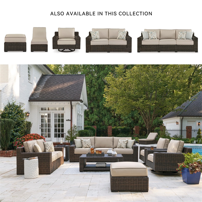 Bowery Hill Coastal Wicker / Rattan Brown Outdoor Sofa with Cushion