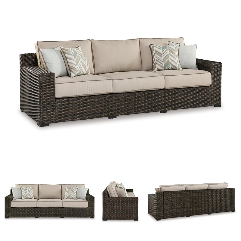 Bowery Hill Coastal Wicker / Rattan Brown Outdoor Sofa with Cushion