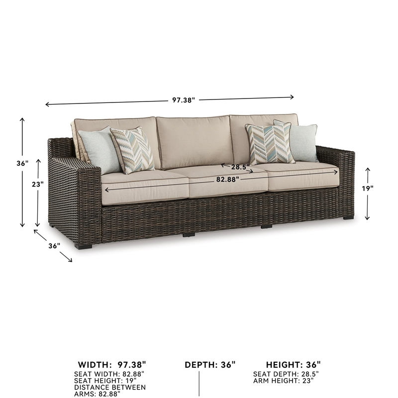 Bowery Hill Coastal Wicker / Rattan Brown Outdoor Sofa with Cushion