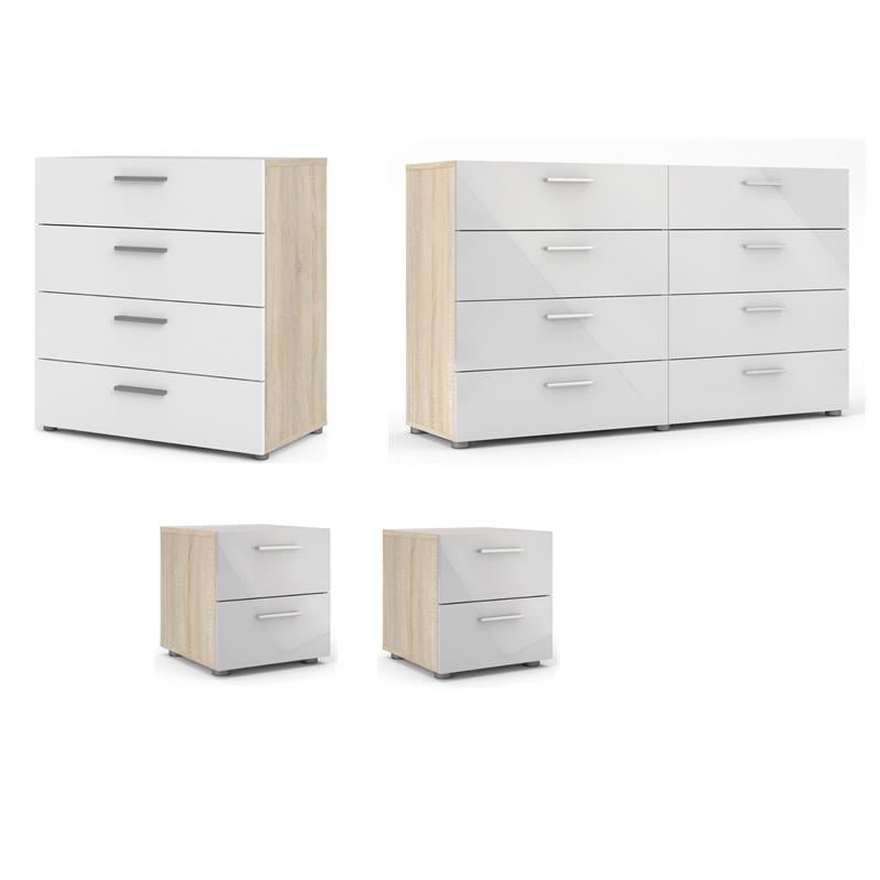 Bowery Hill Set of 4 Chest & 2 Nightstands & Double Dresser in Oak & White Gloss