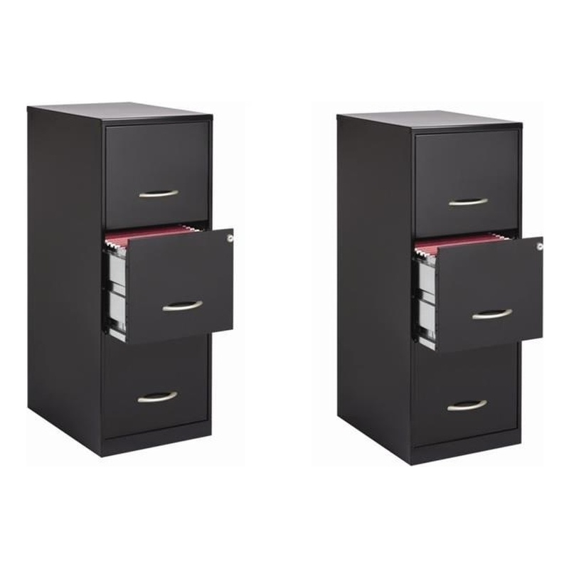 Bowery Hill Set of 2 Metal 3-Drawer Vertical File Cabinets with Lock Black