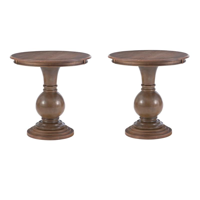 Bowery Hill Set of 2 Round Wood Accent Pedestal Base Tables in Rustic Natural