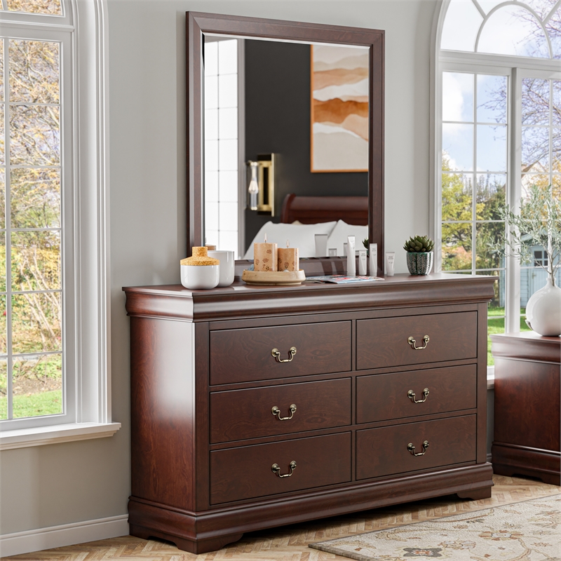 Bowery Hill Transitional Wood 6-Drawer Dresser with Mirror in Cherry