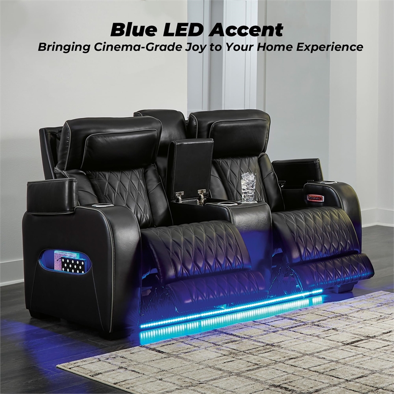 Bowery Hill Contemporary Black Power Reclining Loveseat with Console