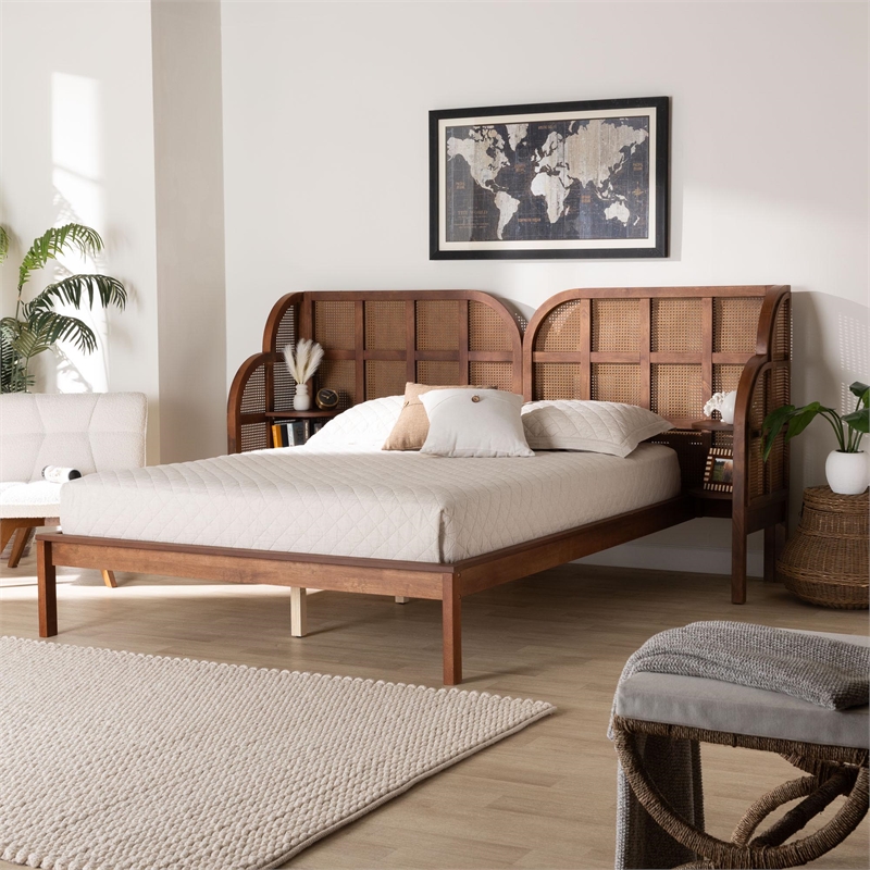 Bowery Hill Mid-Century Brown Wood Queen Size Wingback Platform Bed