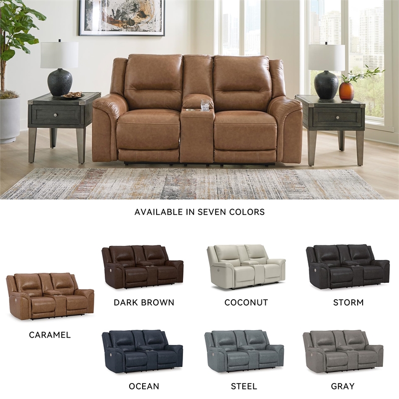 Bowery Hill Contemporary Caramel Power Reclining Loveseat with Console