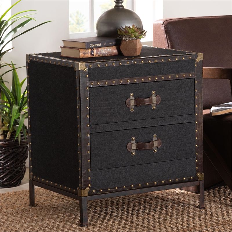 Bowery Hill Modern Vintage Black Canvas 2-Drawer End Table Trunk