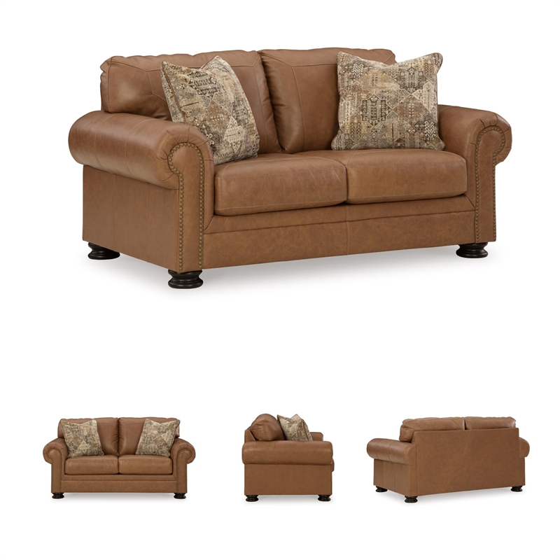 Bowery Hill Traditional Corner-blocked Frame Leather Caramel Loveseat
