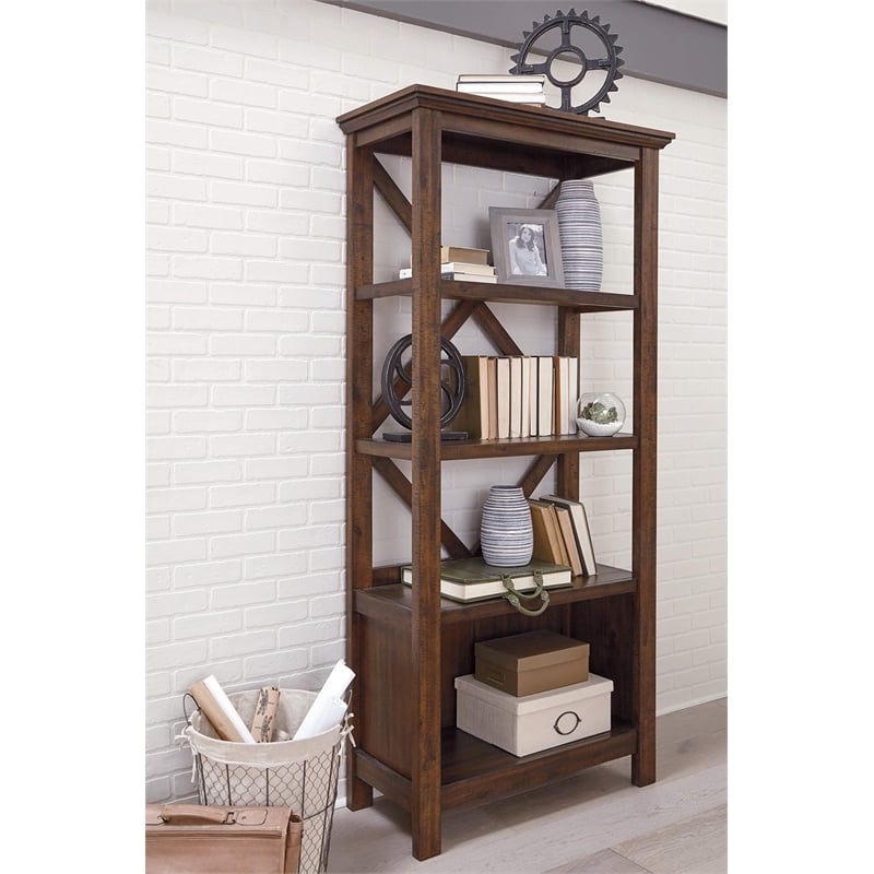 Bowery Hill Rustic 4 Shelf Crossbuck Bookcase in Rustic Warm Brown