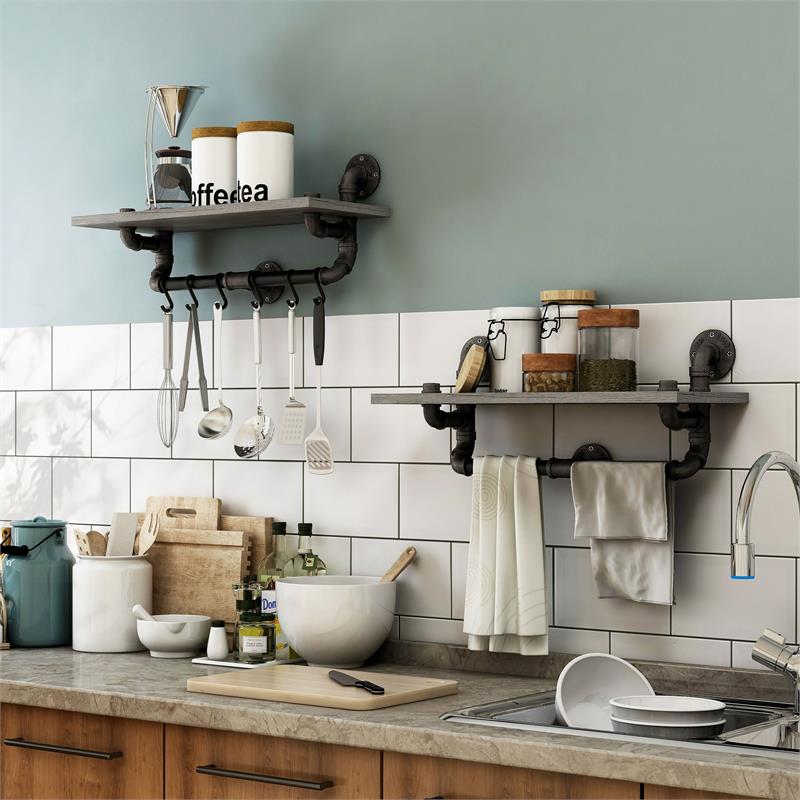 Bowery Hill Metal Floating Shelf in Gray and Black (Set of 2)