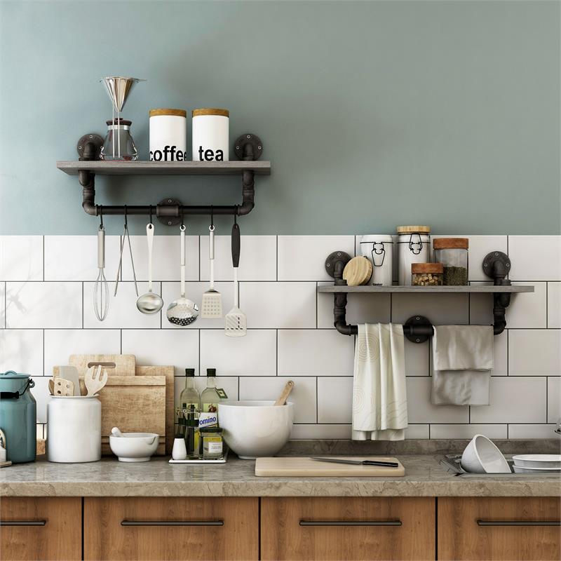 Bowery Hill Metal Floating Shelf in Gray and Black (Set of 2)