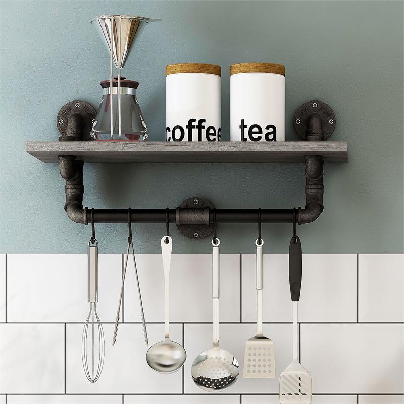 Bowery Hill Metal Floating Shelf in Gray and Black (Set of 2)