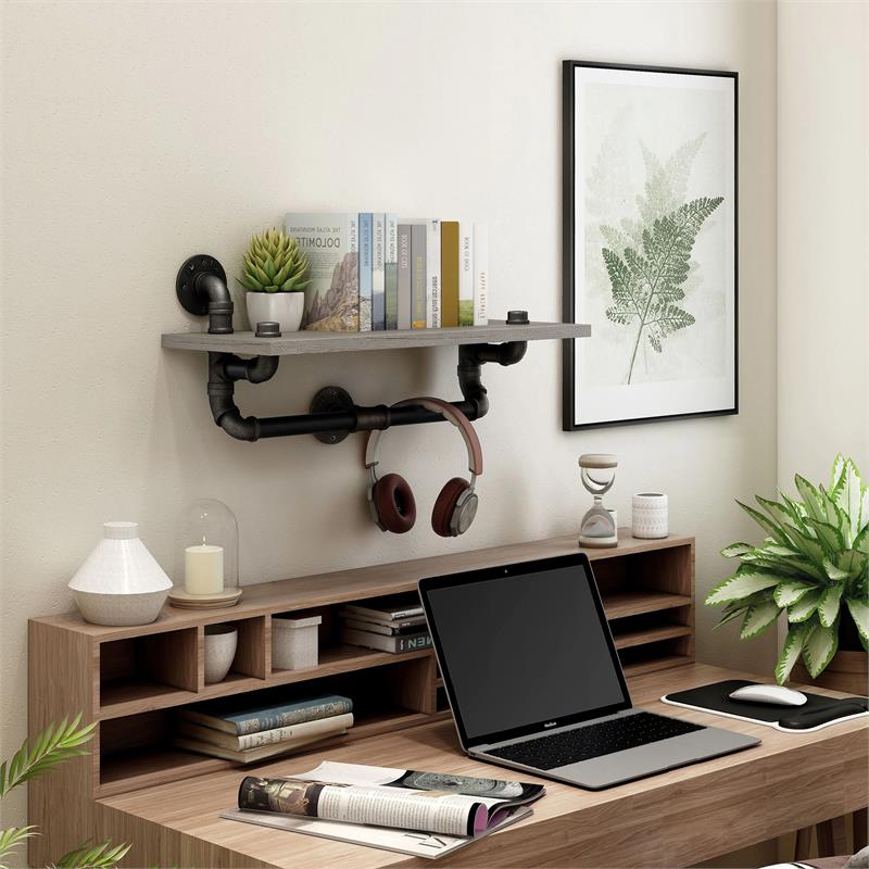 Bowery Hill Metal Floating Shelf in Gray and Black (Set of 2)