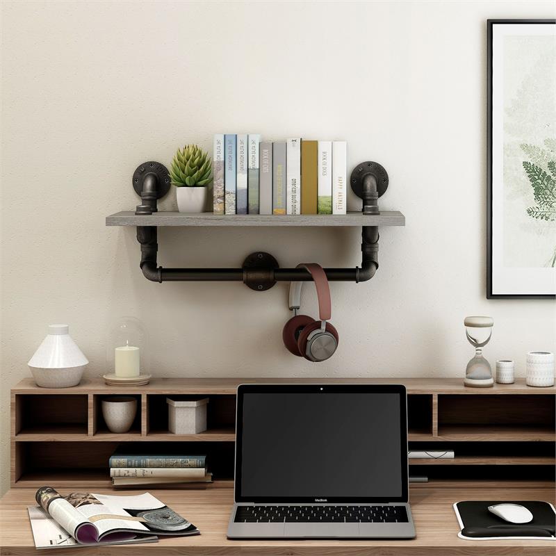 Bowery Hill Metal Floating Shelf in Gray and Black (Set of 2)