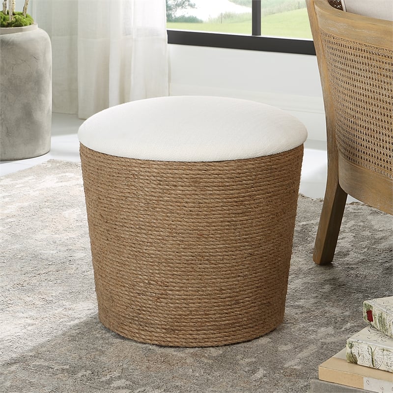 Bowery Hill Coastal Wood & Fabric Storage Stool in Brown/Off White