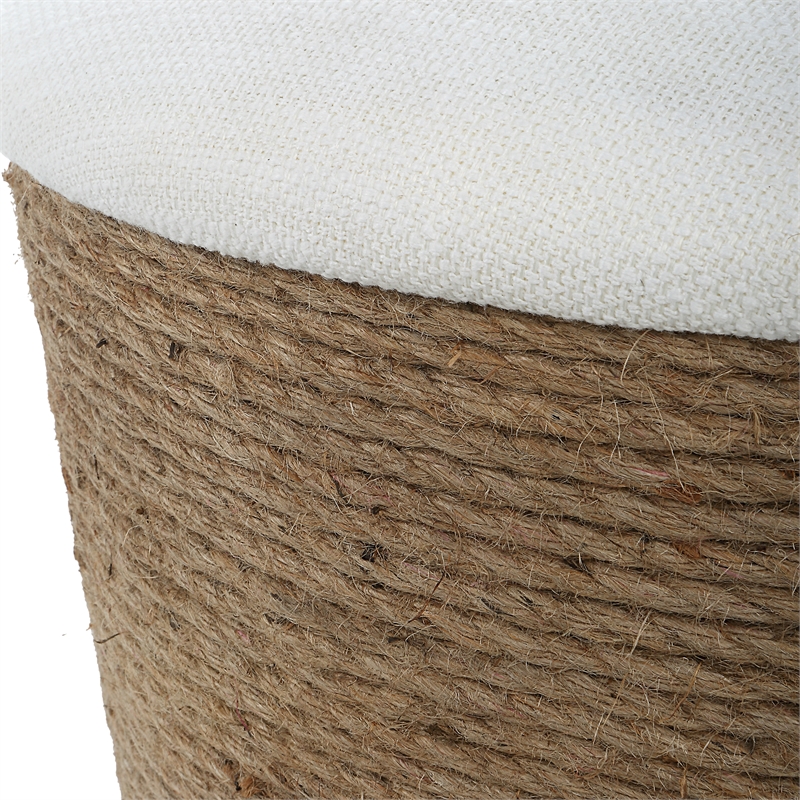 Bowery Hill Coastal Wood & Fabric Storage Stool in Brown/Off White
